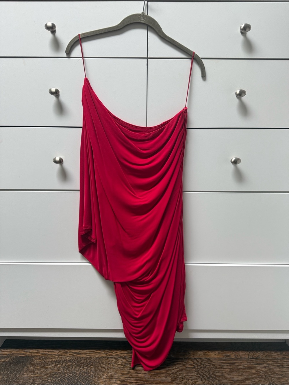 Haute Hippie Red Draped Asymmetric Cowl Neck Spaghetti Strap Mini Dress Size M